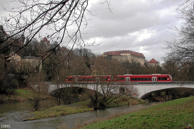 Bahn 089.jpg - Ein Zug aus zwei Regioshuttle BR 650 auf der Neckarbrücke in Tübingen.